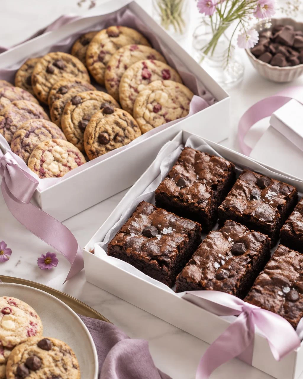 Cookies and brownies in white gift boxes, inspiration